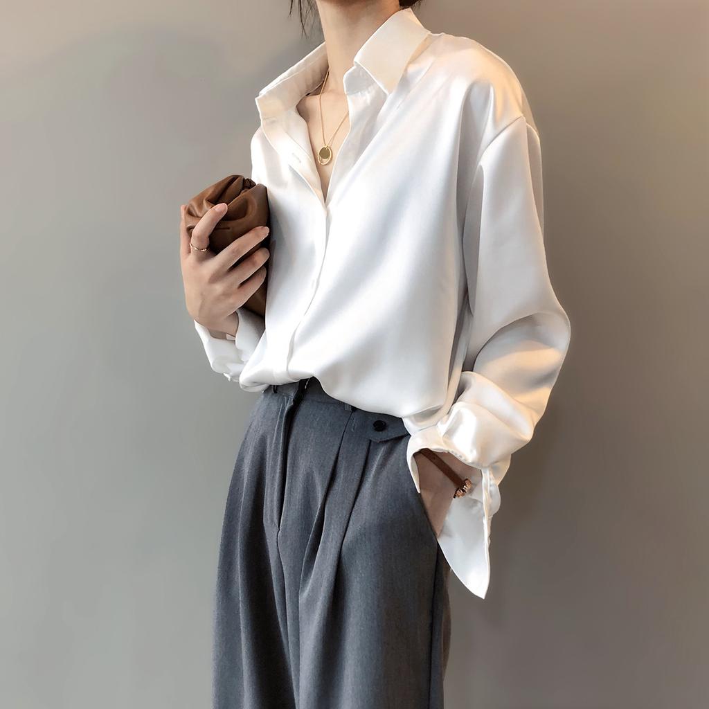 Women Fashion Long Sleeves Satin Blouse Vintage Button Down Lapel Neck Street Shirts Elegant OL Silk Tops