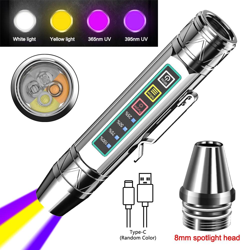 4 LED Light Sources Flashlight 365nm+395nm+Yellow+White USB Rechargeable Money Pet Urine Ore Cat Fluorescent Marker Check Light