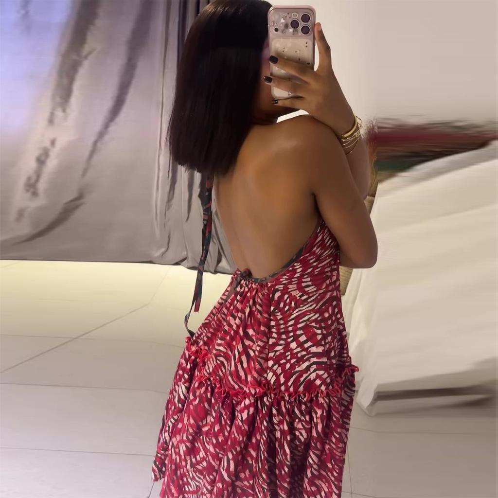 European and American Summer New African Spice Girl Style Neck Halter Ruffle Edge Print Dress
