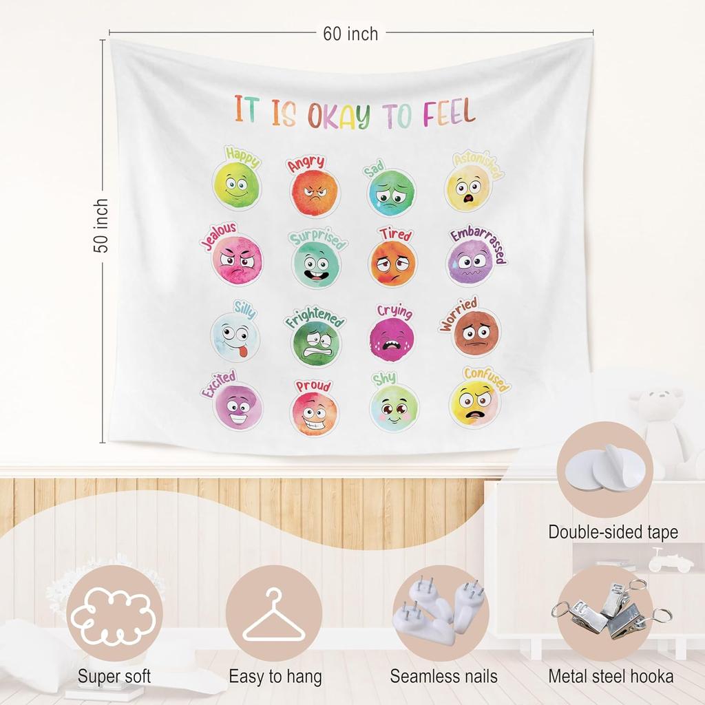 Feelings Emotions Chart For Kids Tapestry,Mental Health Wall Art Kids Bedroom Therapist Counselor Calming Office Classroom