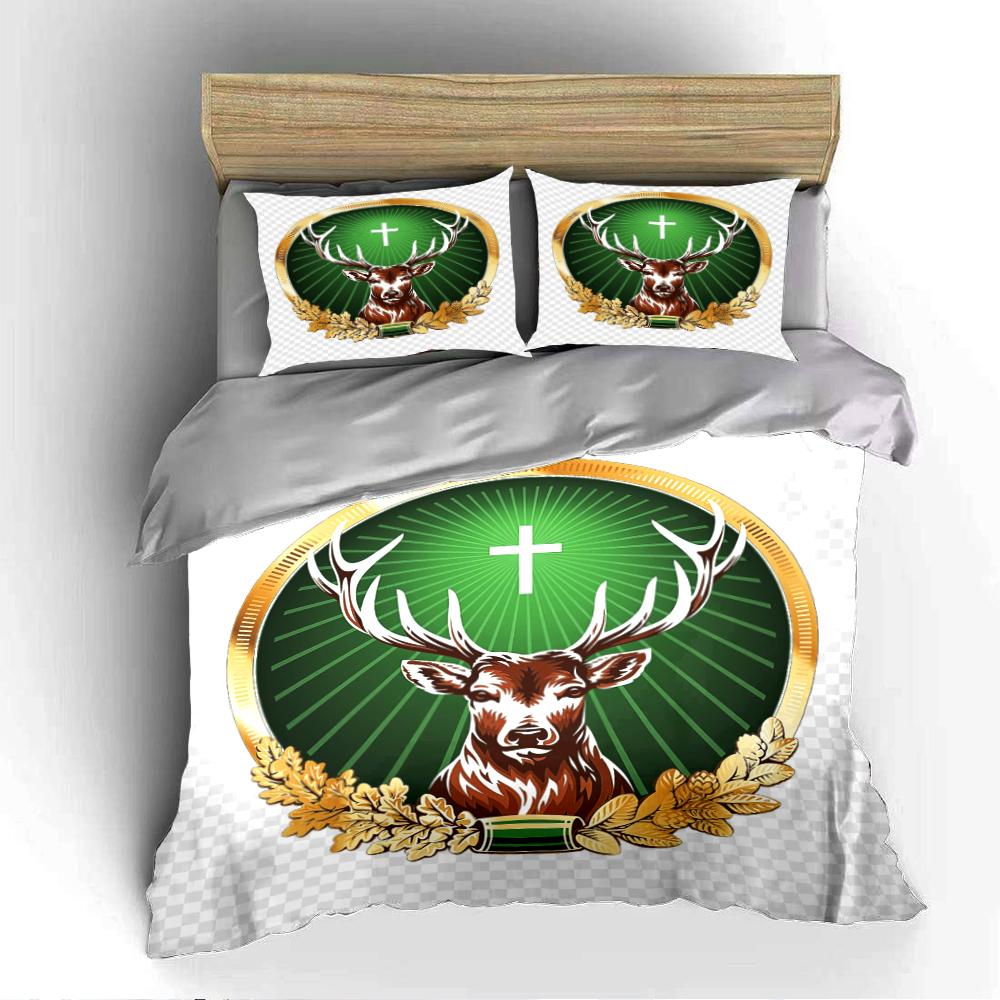 Deer Head with Green Cross Design Bedding Bedding Set (1 Duvet Cover, 2 Pillowcases, Duvet Not Included)