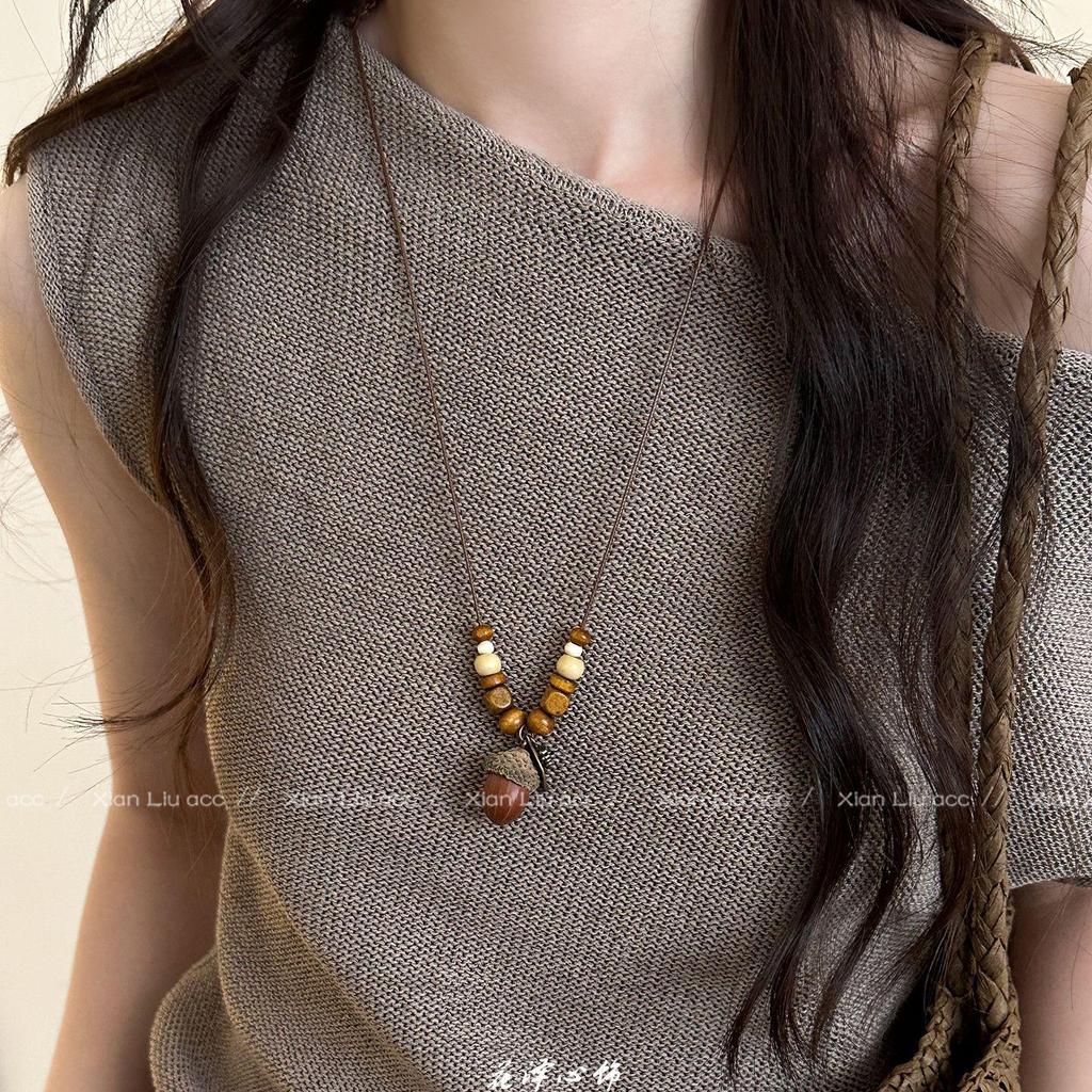 2025 New Retro Ethnic Acorn Pendant Necklace - Women’s Ancient Chinese Style Long Sweater Chain Accessory