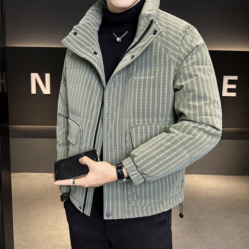 Trendy Brand Men's 2025 Winter White Duck Down Striped Puffer Jacket with Gold Thread and Soft Fur