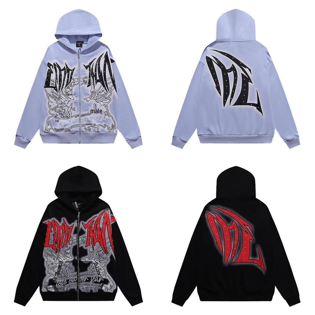 Streetwear kardigan s kapucí s potiskem písmen a kamínky, smíšené emoce