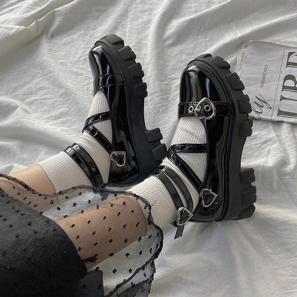 Sweet Lolita Shoes Platform Round Head Thick Heel Cross Bandage Women Shoes Kawaii Shoes Cosplay Mary Jane Shoes Heart Buckle S1