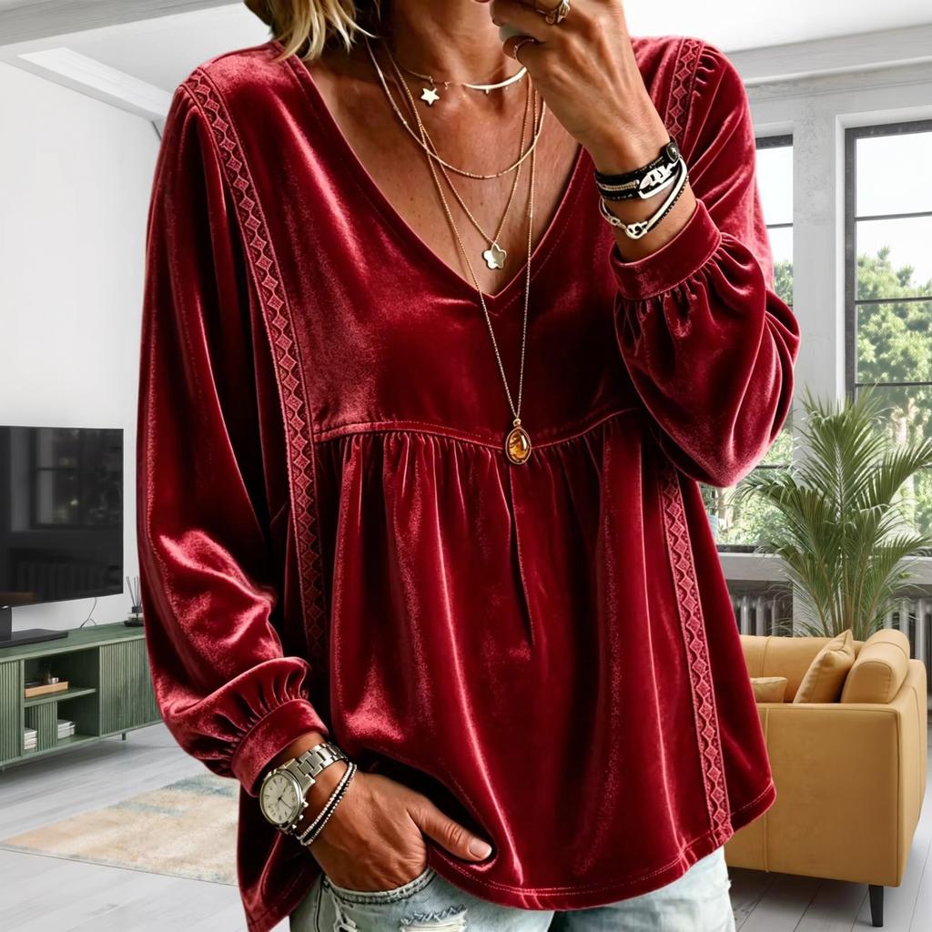 Women's V-Neck Lace Long Sleeve Blouse - Color Loose Fit Top for Everyday Wear