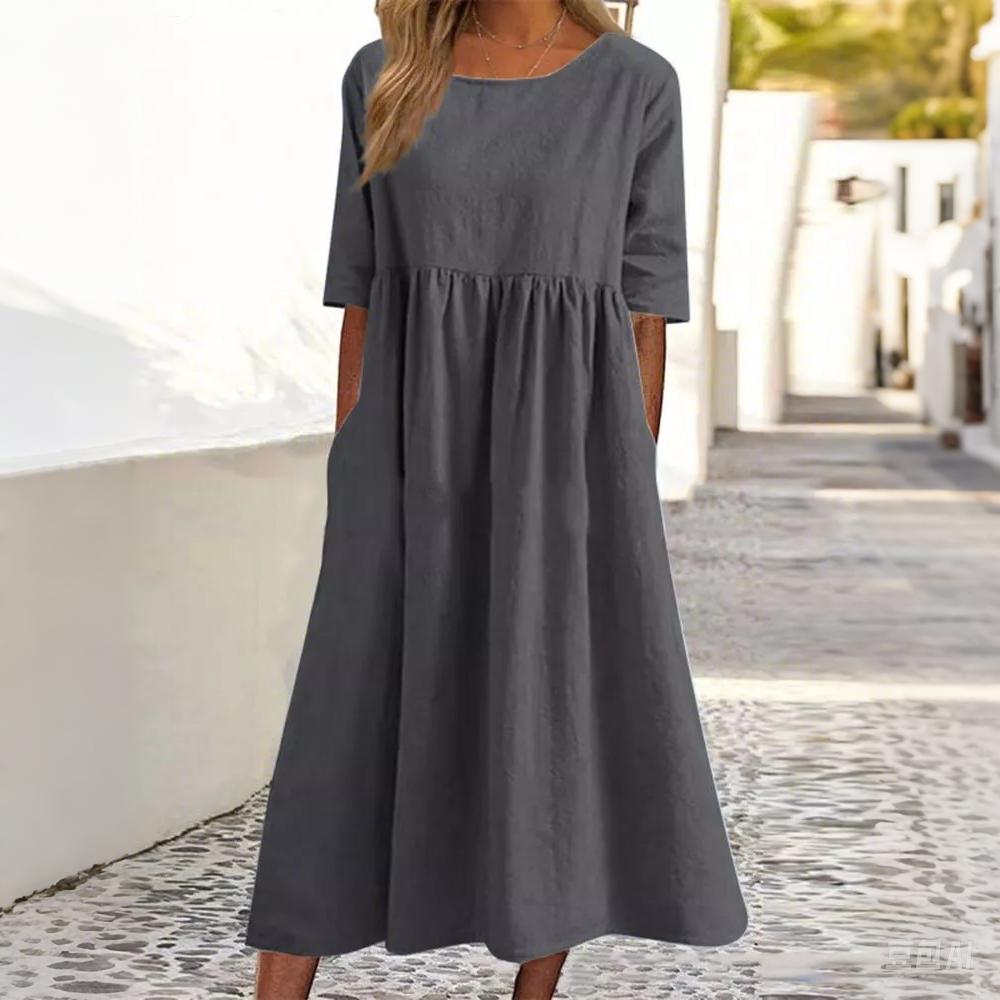 Women's Summer Cotton Linen Dress - Casual Short Sleeve Pleated Pocket Dress, Lightweight & Breathable