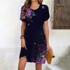 Purple Flowers Print Dresses For Women 2024 Summer Vintage Short Sleeve Mini Dress Casual Pullover O-Neck Plus Size Sundress 6XL