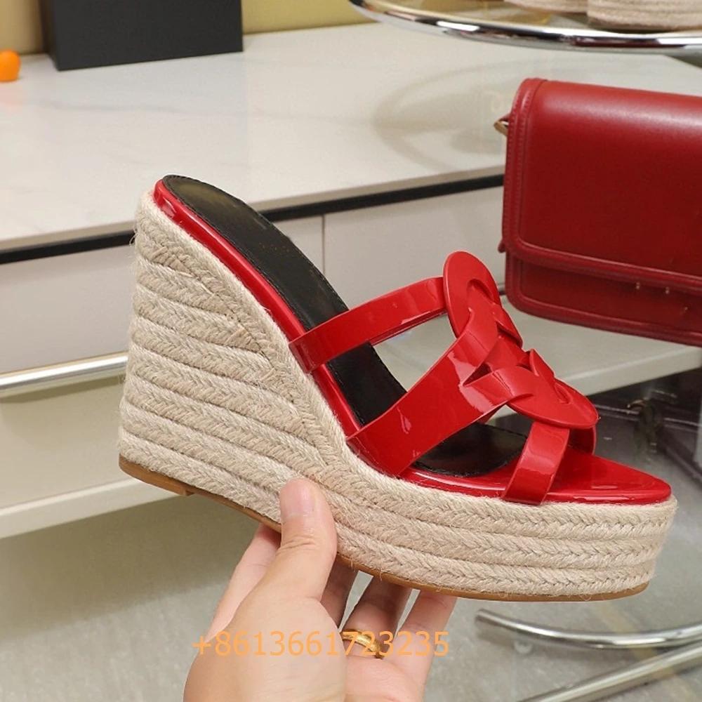 Fashion Corss Strap Patent Leather Platform Women Sandals Wedges Espadrilles Slip On Fashion Heels Open Toe 2025 Summer Newest Slides
