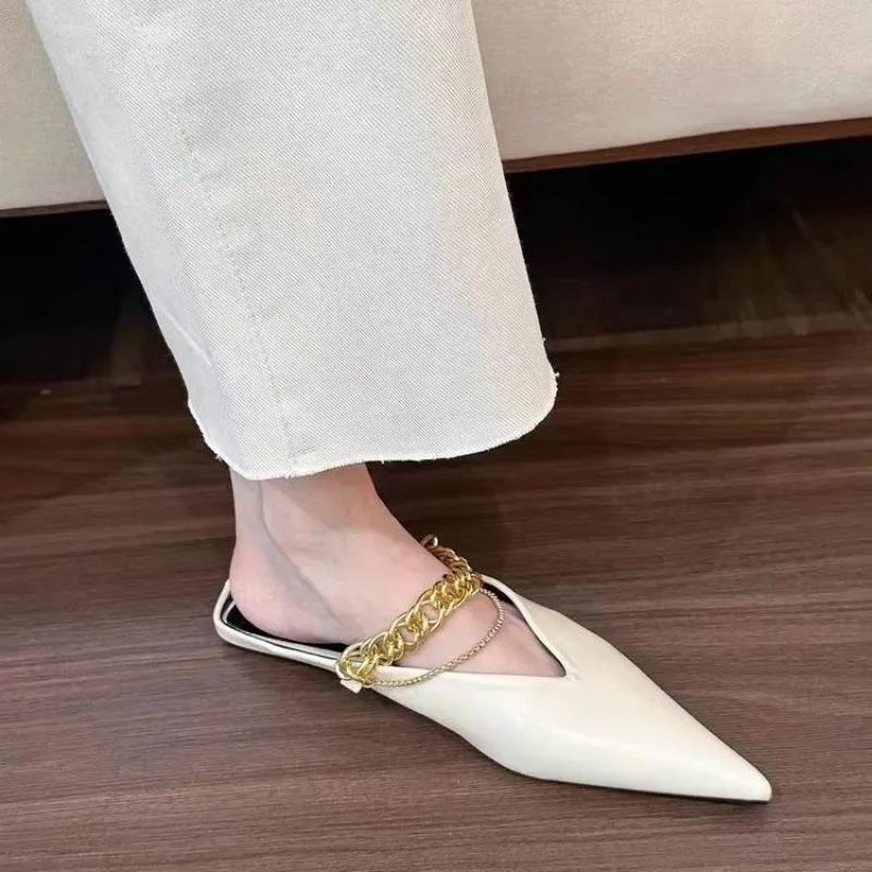 Fashion 2025 Designer Pointed Toe Mirror Silver Leather Slippers Women Crystal Band Summer Shoes Outdoor Slides Low Heel Mules Sandals