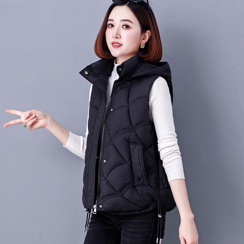 Stylish Hooded Down Cotton Vest for Middle-Aged Women, Windproof Warm Casual Jacket for Autumn/Winter
