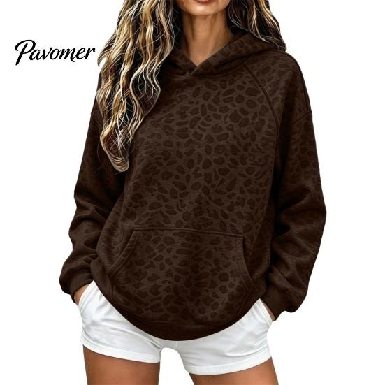 Sweatshirt with Front Pocket Women Leopard Print Hoodie, Oversized Drop Shoulder Hooded Pocket, Hoodie Long Sleeve Loose Casual Pullover Top