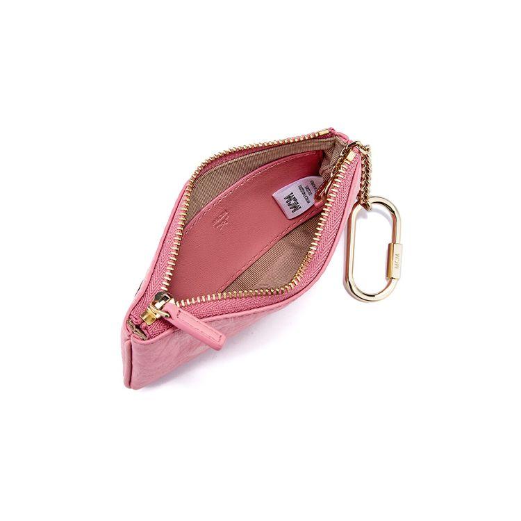 MCM Visetos Pink Leather Coin Pouch with Dog Motif & Gold Chain for Daily Use & Gifting