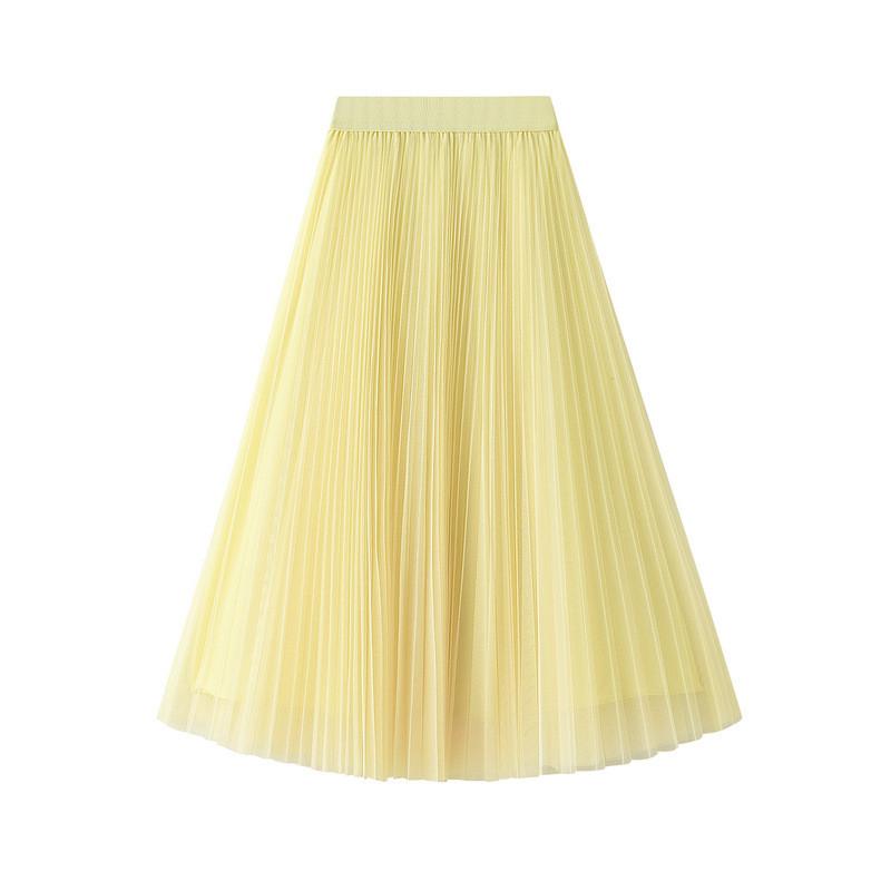 Qooth Elegant Women A Line Tulle Pleated Skirt Wide Hem Mid Length Elastic Waist Casual Skirt QT2691