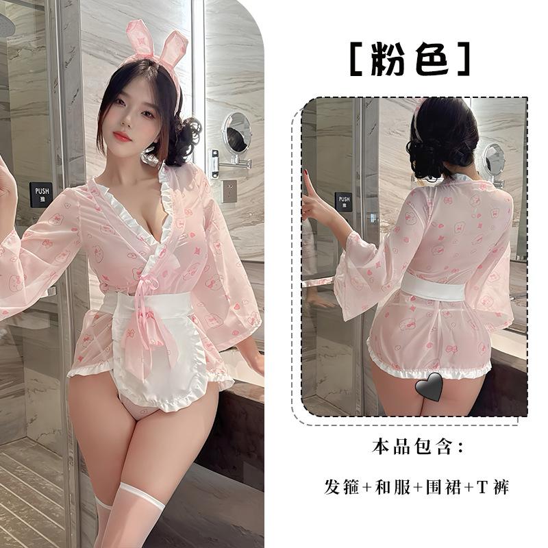 Girls pure desire print kimono nightgown sexy bunny bow sexy lingerie One size fits all