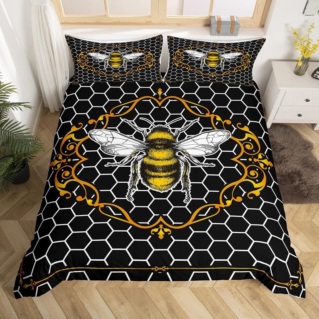 Bee Duvet Cover Twin Honeybee Bedding Set Farmhouse Wild Animal Comforter Cover Boho White Daisy Flowers Floral Wreath Bed Set