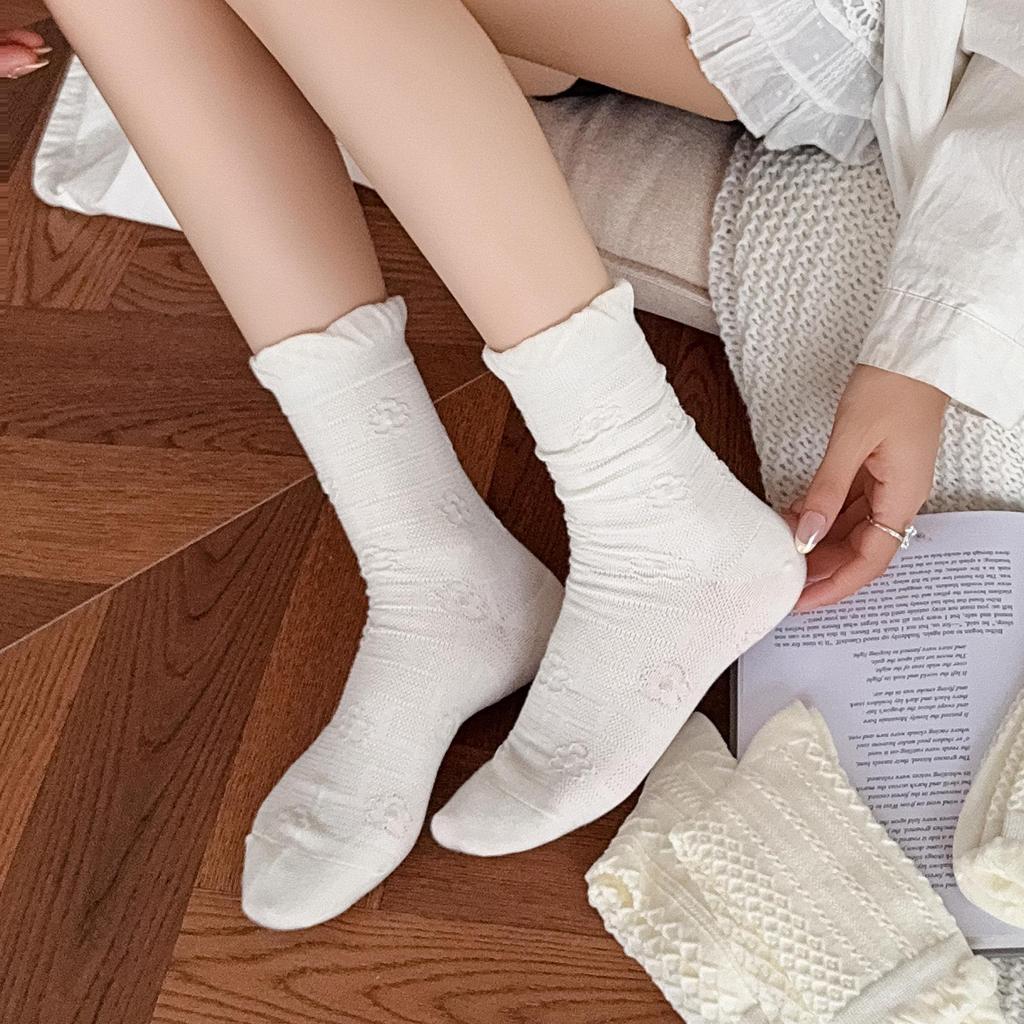 Women's White Ruffle Mid-Calf Ballet Socks - Autumn Lace, Breathable, Scrunched JK Style