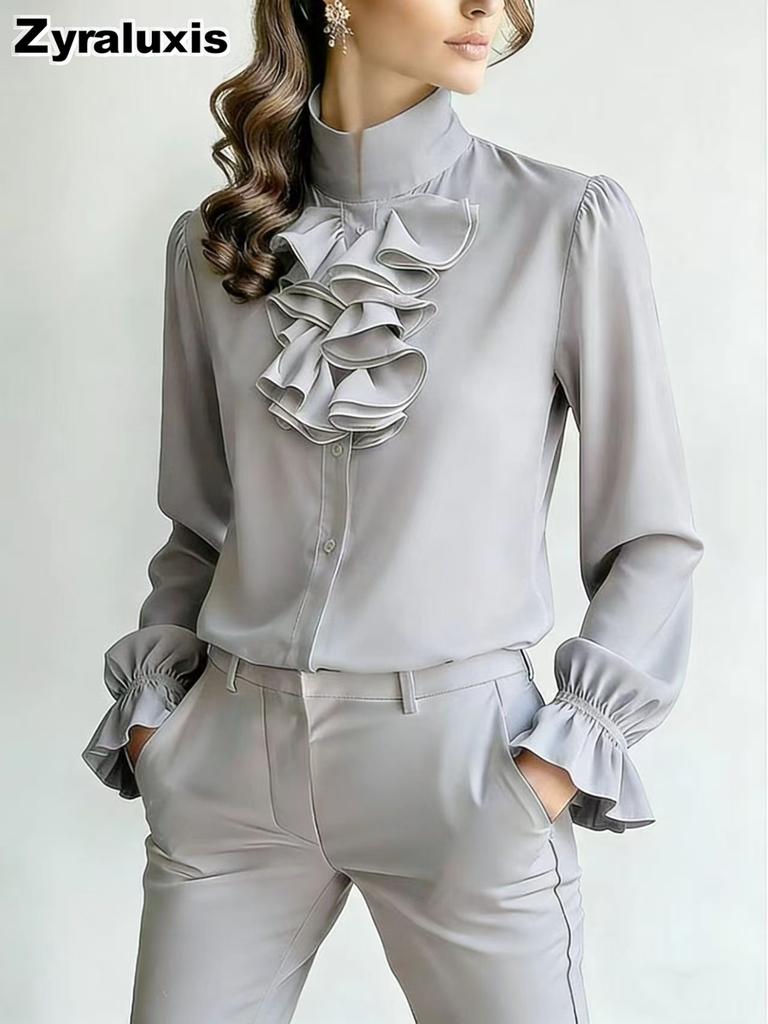 New Style Chic Casual Loose Collar Solid Color Ruffled Shirt for Women
