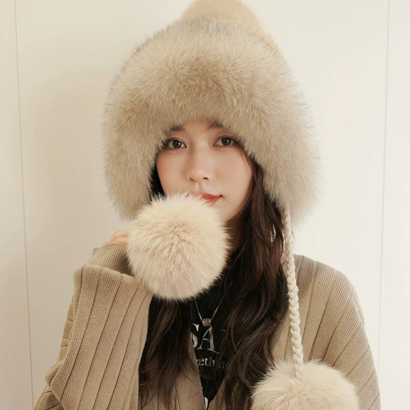New Winter Warm Mink Hair Woven Fox Hair Ear Protection Fur Hat Female Cute Real Hair Ball Snow Hat
