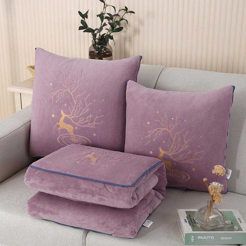 Dual-Use Pillow & Blanket: Crystal Velvet Embroidered Cushion for Car & Office Naps