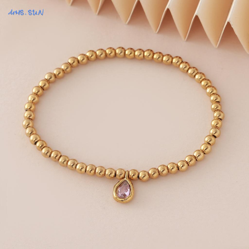 MHS.SUN Stainless Steel Gold Plated 12 Months Birthstone Beaded Bracelets For Women Men Zircon Water Droplet Charm Trend Jewelry