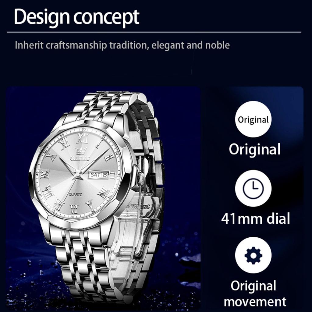 OLEVS Analog Quartz Waterproof Business Popular Fashion Silver White Stylish White Dial and Stainless Steel Metal Luminous Stylish Date Pressure Easy