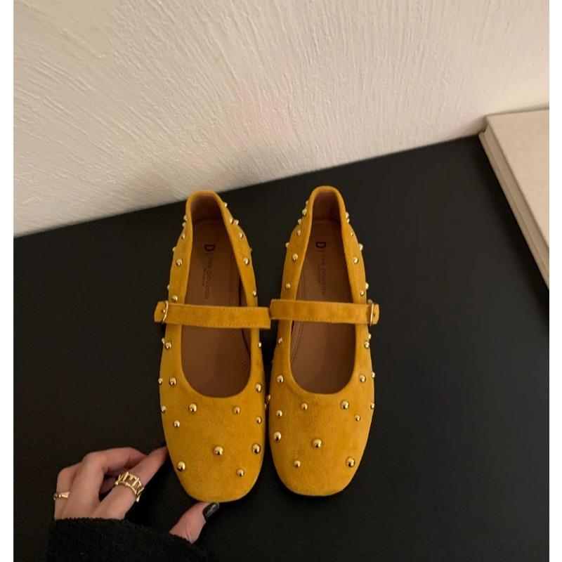 Damen flache Schuhe Retro Nieten Freizeit Schuhe Komfort Weicher Boden Ballerinas Wildleder Freizeit flache Schuhe Klassische Mary Jane flache Schuhe Zapatos Mujer