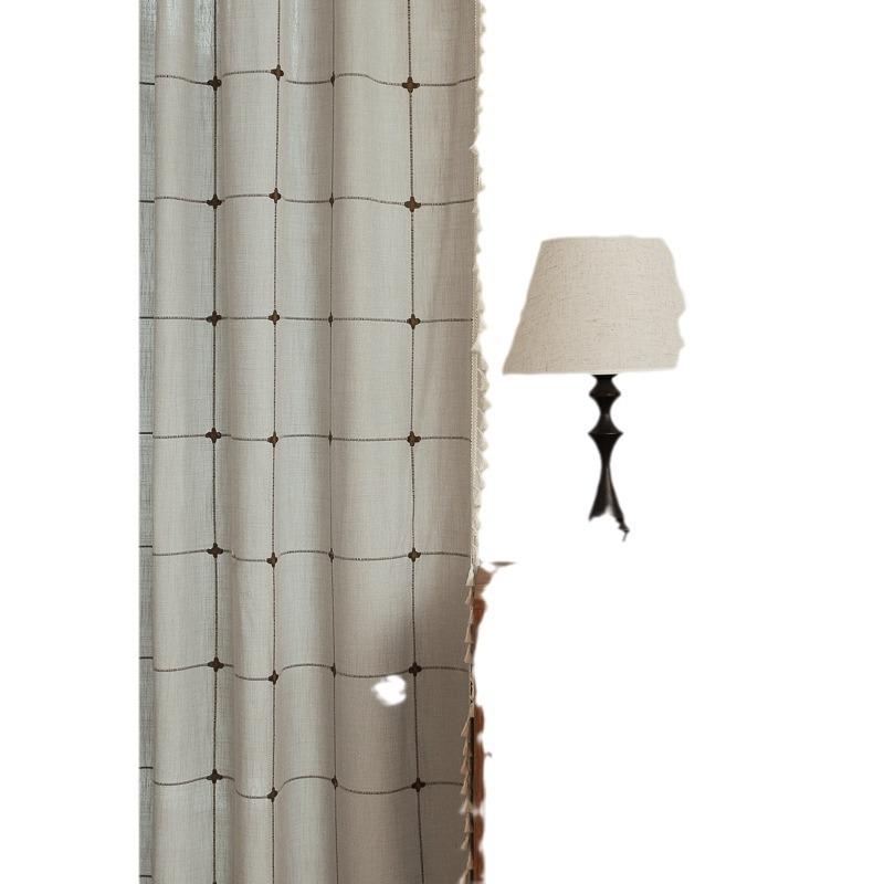 Grey Curtain Finished Product Embroidery Cotton And Linen Solid Color Plaid Coffee Insulation Living Room Kitchen Set Rod Partition Curtain