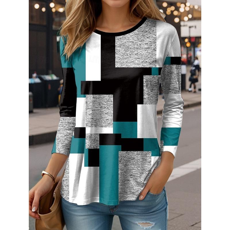 

Жіноча повсякденна футболка з 3D-принтами смужки та клітинки, круглим вирізом, ретро-елегантна, з довгими рукавами, жіноча мода, пуловер, топи з довгими рукавами L
