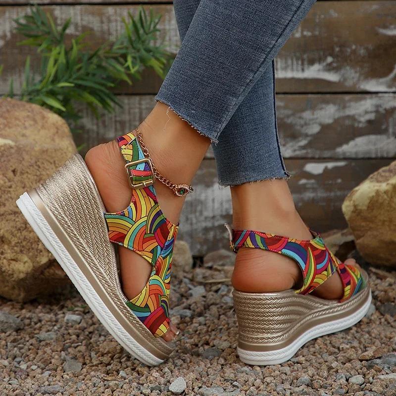 Fashion Rainbow Graffiti Wedge Heels Sandals for Women Summer 2025 Peep Toe Platform Sandals Woman Buckle Strap Thick Bottom Beach Shoes