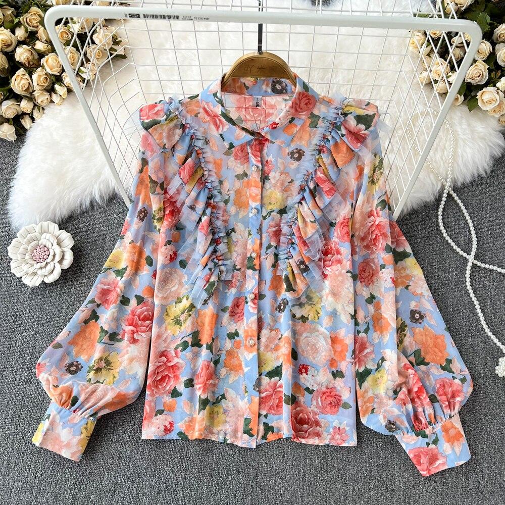 Autumn Ruffled Single-breasted Lantern Long-sleeved Floral