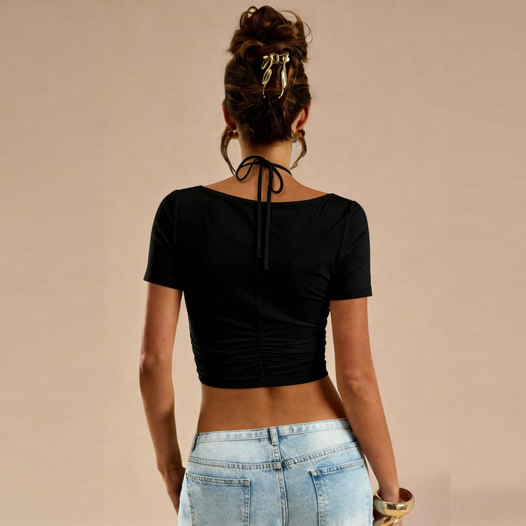 Women Short Sleeve Crop Top Halter Neck Square Neck Slim Fit Stretchy Casual T Shirt Summer Basic Tee