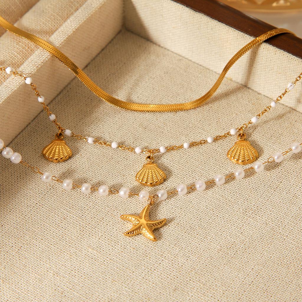 Ozean Elemente Edelstahl Armband Set Schmuck Muschel Seestern Anhänger Perlenkette Schlangen Kette Dreiteiliges Set