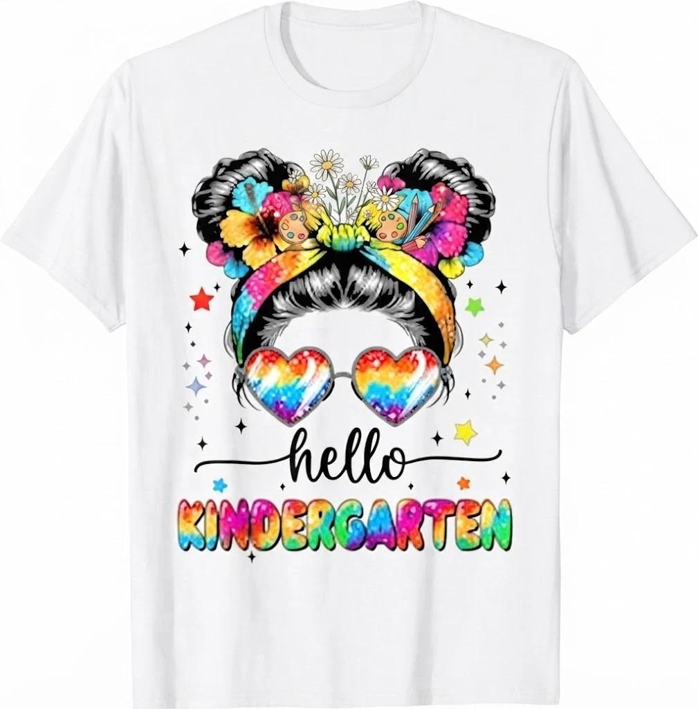Hello Kindergarten Messy Bun First Day Of School Girls Tee T-Shirt S
