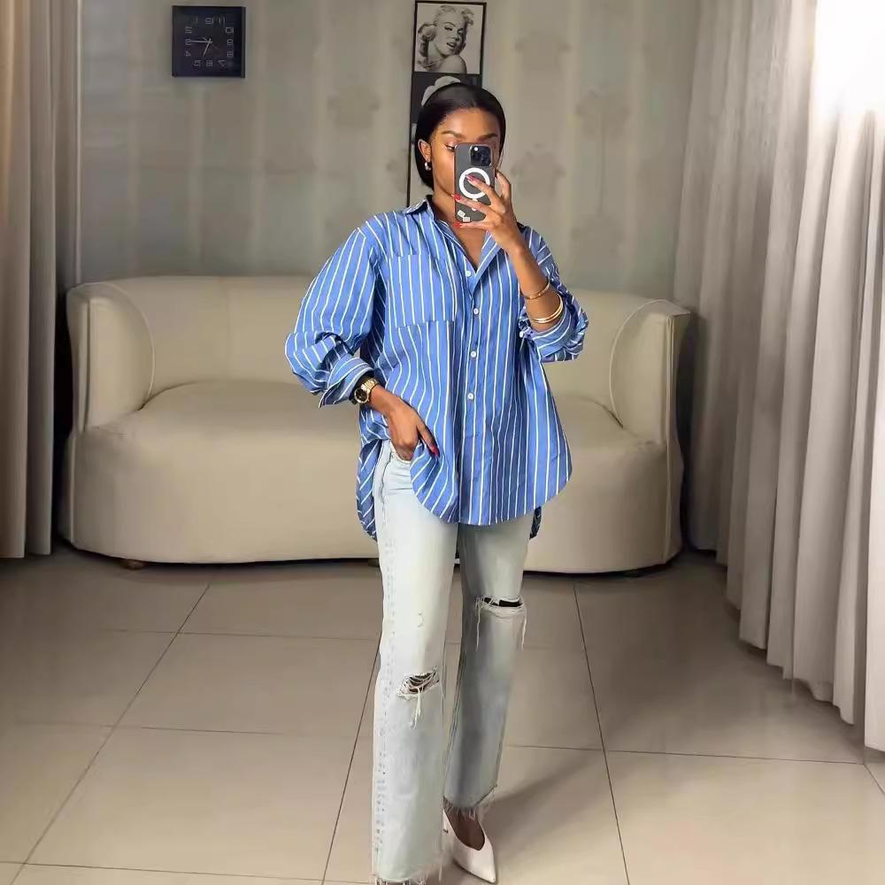 M6021: European & American Spring 2025 Casual Blue/White Striped Shirt - Loose, Fashionable, Versatile.