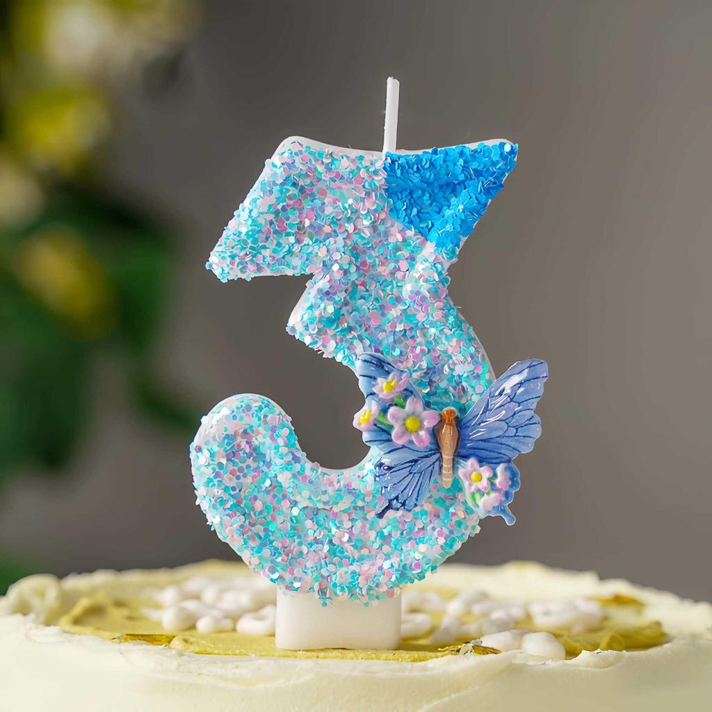 Blue Butterfly Love Flowers DIY Number Birthday Candles 0-9 - Cake Decoration