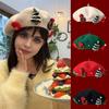Lady's Red Christmas Beret with 3D Christmas Tree Decoration - Elastic Drawstring Closure, Lightweight