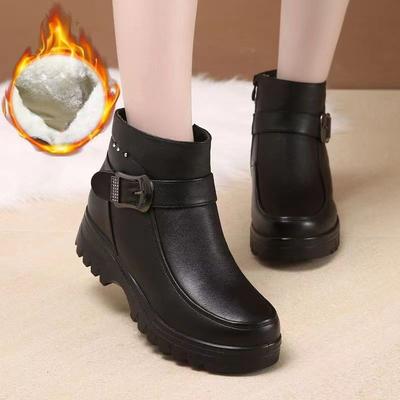 Winter Women Cotton Shoes Warm Thickened Plush Leather Shoes Plush Short Boots Women's Middle-aged and Elderly Women's Flat Bottom Anti-skid Boots