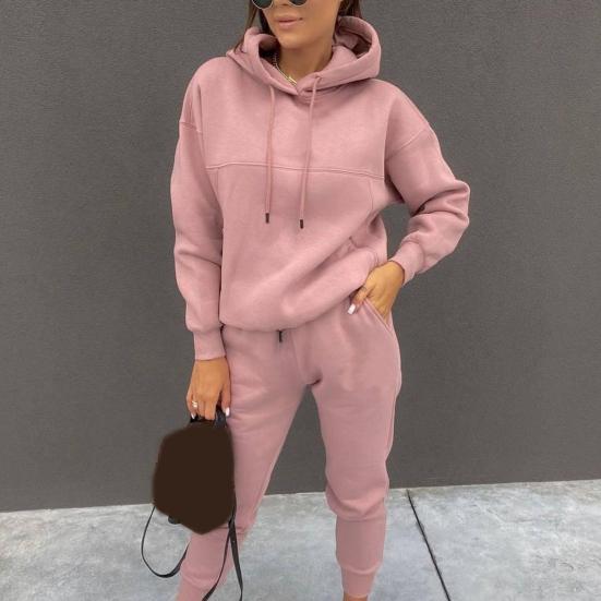 2 Teile/satz Langarm Kordelzug Taschen Elastische Bund Mid-rise Casual Outfit Frauen Frühling Einfarbig Mit Kapuze Sweatshirt Hosen