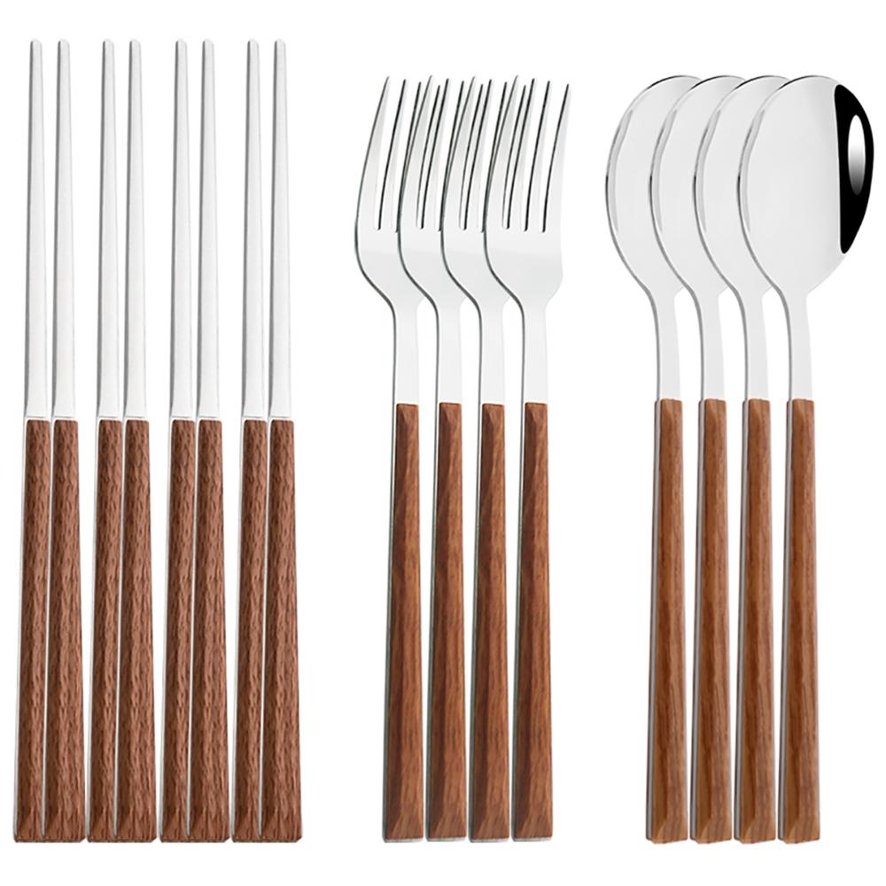

12/16 шт. набор столовой посуды с имитацией деревянной ручки, набор столовых приборов, палочки для еды, нож, вилка, ложка, набор посуды, корейское серебро 12pcs brown silver