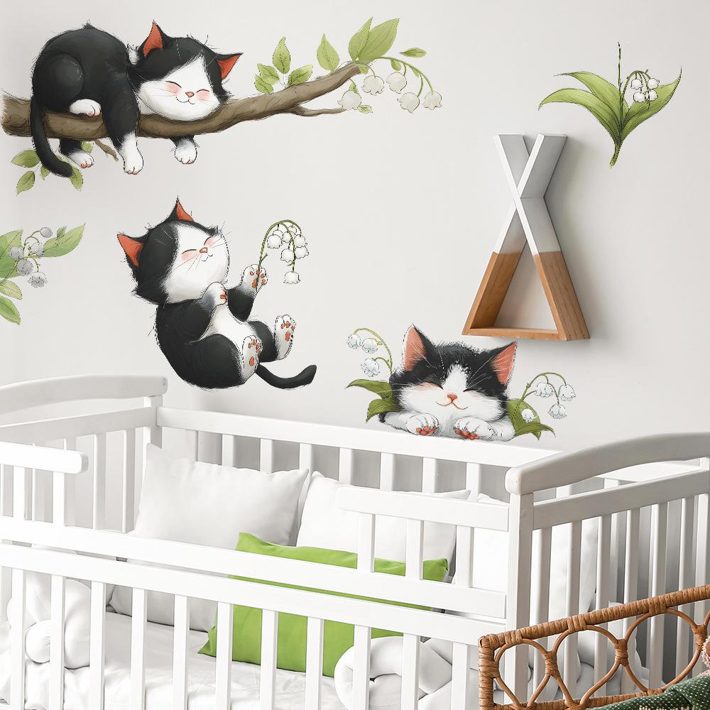 Cartoon Playing and Sleeping Cat Children's Room Bedroom Wall Beautification Stickers