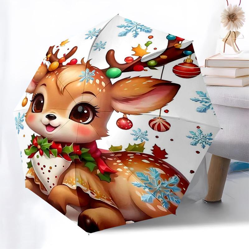 1pc Christmas Deer Automatic Folding Umbrella, Portable 3-Fold Design with Snowflake Pattern, Ideal for Fans, Travelers, Daily Use, and Festive Gifts.