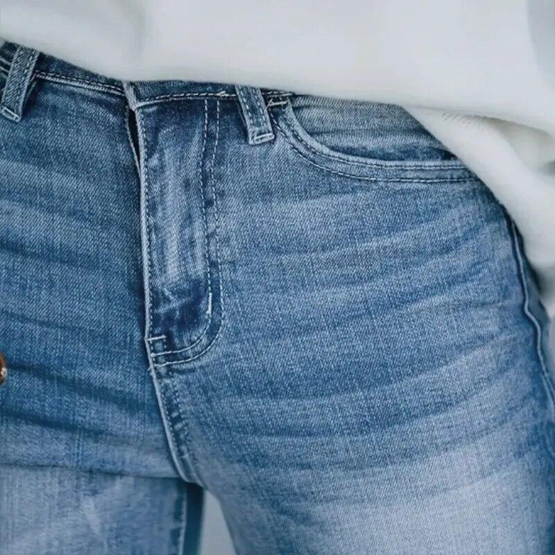 Blugi de damă de primăvară și toamnă Blugi subțiri simpli cu talie înaltă