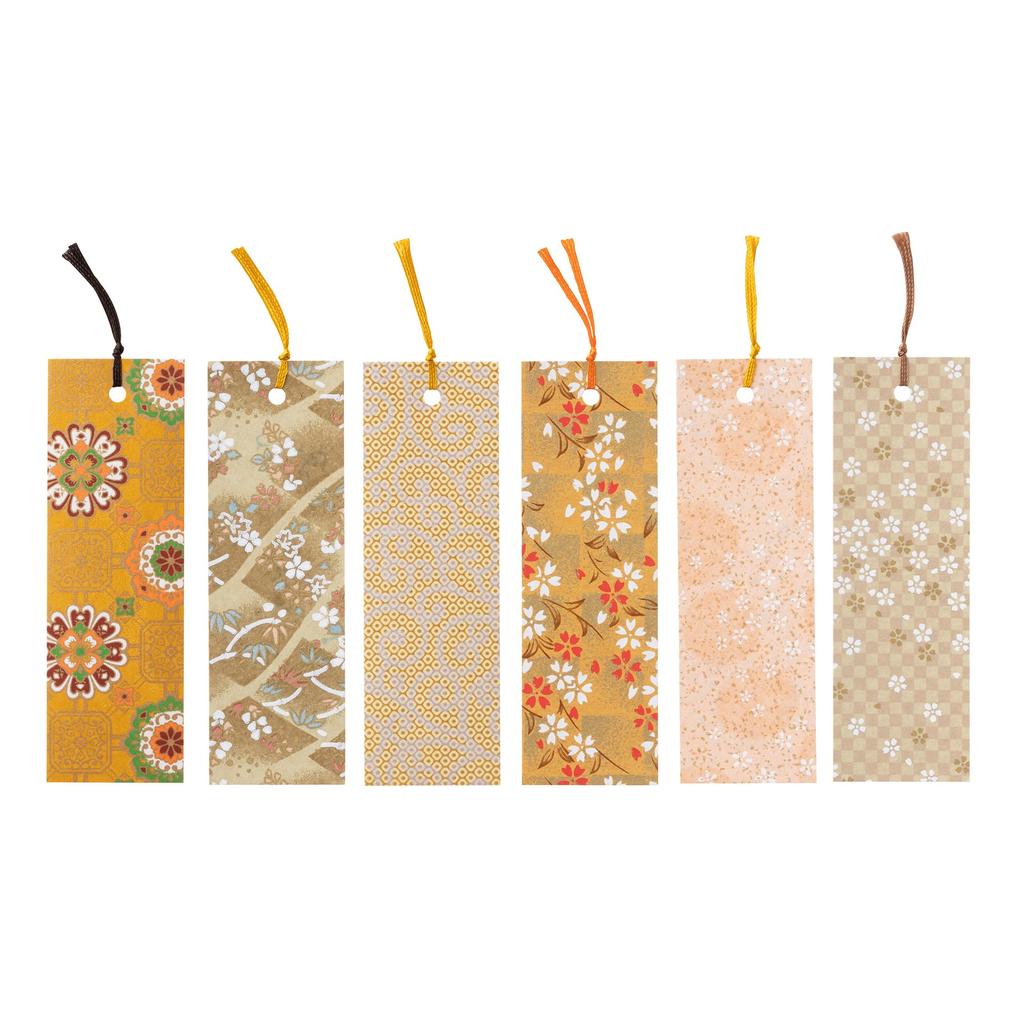 Kawasumi Washi Yuzen Washi Bookmarks Brown with Japanese Pattern Stencil-Dyed (6 Sheets)