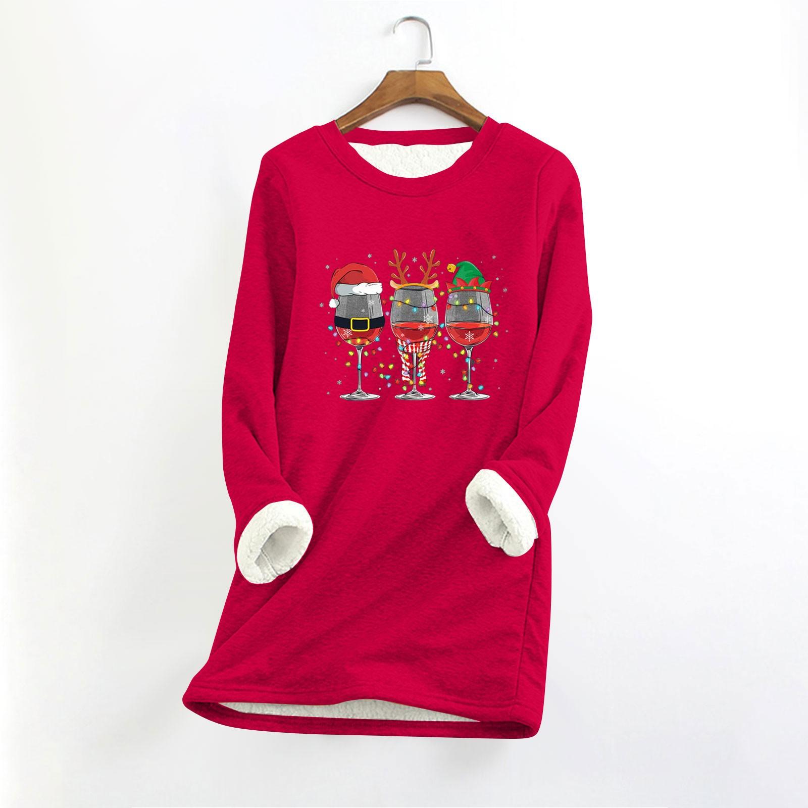 

Женский круглый вырез с длинным рукавом и рождественским принтом, утолщенный плюшевый кашемировый теплый длинный топ XXL красный