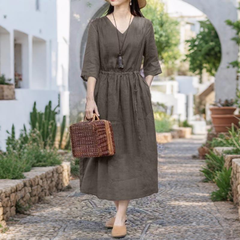 

ZANZEA Женское повседневное платье с V-образным вырезом, однотонное, летнее, с рукавом 3/4 XL