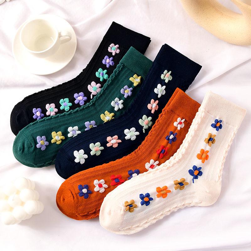 3/5pcs Spring Autumn Japanese Harajuku Woman Socks Cotton with Flowers Funny Socks Women Korean Style Kawaii Girls Calcetines Mujer