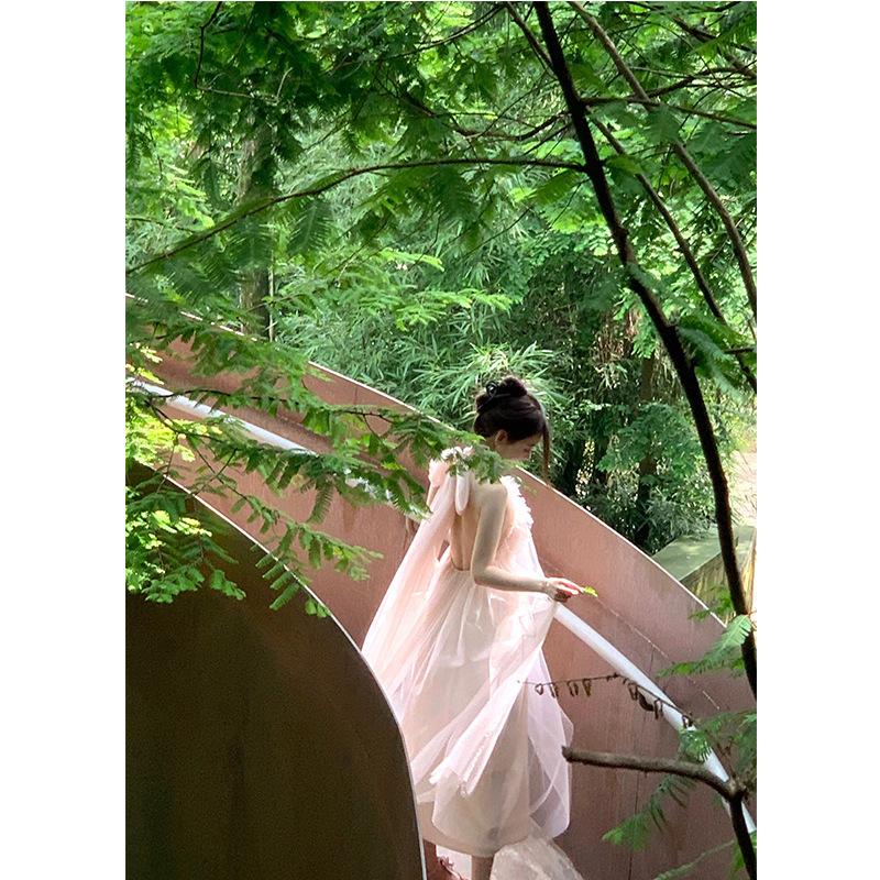 New Chinese Neck Dress Morning Robe High-end Exquisite Temperament Pink Strap Backless Sleeveless Mesh Tube Top Skirt