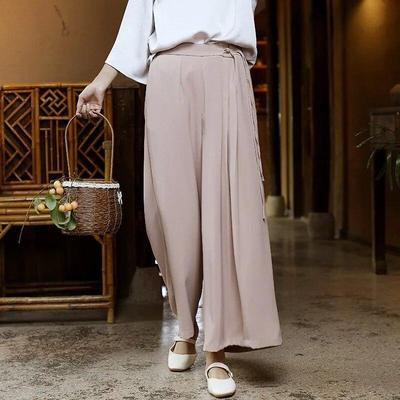 Spring Vintage High Waist Wide Leg Pants Belt Patchwork Pockets Casual Trousers Solid Color Soft Women Pants