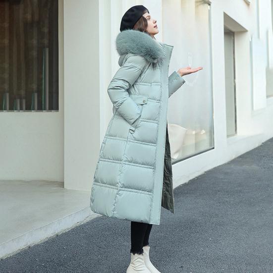Winter Women Cotton Jacket with Hood Neck Protection Long Sleeves Pockets Mid-calf Length Zipper Closure Padded Coat Solid Color Windproof Outwear